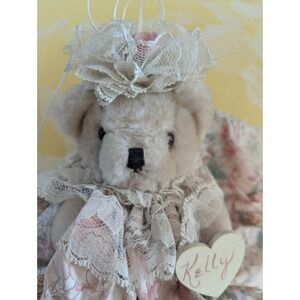 Teddy Bear 8"  Victorian Old Timey Style Mauve Accent Lace Dress Vintage Plush